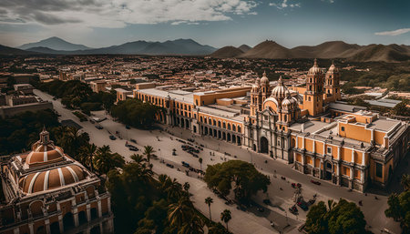 An aerial view of Oaxaca Cathedral and its surrounding cityscape in Mexico, showing the impressive architecture, vibrant atmosphere and beautiful landscape.の写真素材