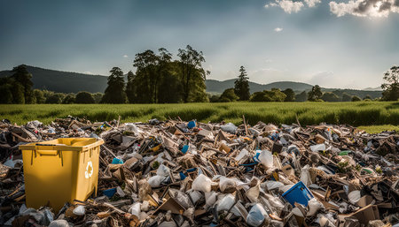 A large pile of trash and waste in a rural setting with a green field and hills in the background. A yellow recycling bin stands next to the pile, highlighting the contrast between environmental responsibility and pollution. The image evokes a sense of concern and urgency about the environmental impact of waste.の写真素材