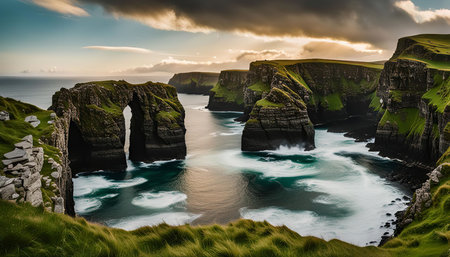 A majestic sea arch stands tall against a dramatic backdrop of rugged cliffs and crashing waves. The scene showcases the raw beauty of the Irish coastline.の写真素材