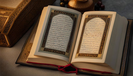 An open Quran book with beautiful Arabic calligraphy in gold. It is a symbol of faith and spirituality.の写真素材