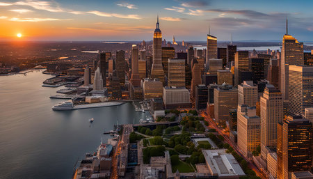 Aerial view of the New York City skyline at sunset, showcasing the iconic skyscrapers and the golden glow of the setting sun.の写真素材
