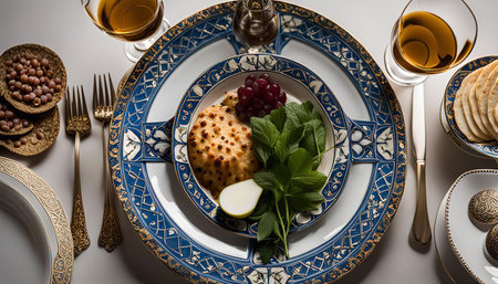 A luxurious cheese plate featuring a decadent cheese, fresh grapes, juicy pear slices, and a sprig of mint. The plate is adorned with a delicate floral pattern.の写真素材