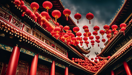 A vibrant view of a Chinese temple adorned with red lanterns, celebrating the New Year. The intricate architecture and the festive atmosphere create a captivating image.の写真素材