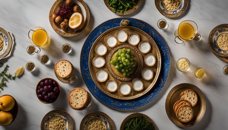 An elegant table setting with golden plates, bowls, and a round tray with grapes in the center. The still life features a variety of foods, including crackers and fruit.の写真素材
