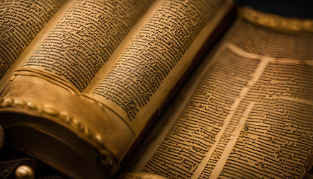Close-up shot of an aged, antique book with worn pages and faded text. The image evokes a sense of history, knowledge, and the passage of time.の写真素材