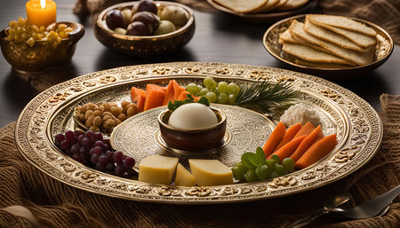 A large, ornate gold serving platter filled with assorted snacks, including cheese, grapes, carrots, and nuts. The platter is decorated with intricate carvings and is perfect for entertaining guests.の写真素材