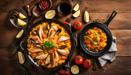 A delicious seafood paella dish with chicken, mussels, squid, and vegetables, presented in a traditional pan and garnished with lemon wedges.の写真素材