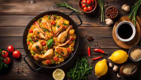 A top-down view of a rustic wooden table featuring a sizzling paella pan brimming with golden rice, succulent seafood, and vibrant vegetables. The scene is enhanced with fresh ingredients like tomatoes, lemons, and herbs, creating a mouthwatering culinary masterpiece.の写真素材