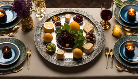 A beautifully arranged table setting with a variety of dishes and drinks, featuring a centerpiece of grapes, cheese, and bread on a silver tray, surrounded by candles, glasses, and floral decorations.の写真素材