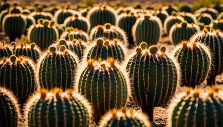 A captivating close-up shot showing a field of cacti bathed in the golden glow of sunset. The sharp spines and vibrant green hues create a striking contrast against the warm sunlight.の写真素材