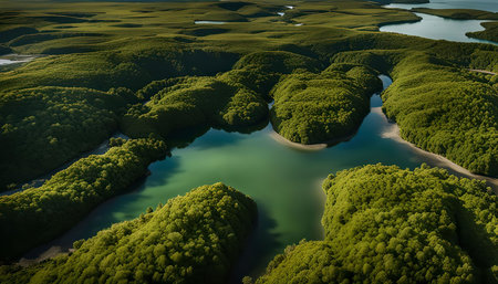A stunning aerial view of a serene river winding through lush green forests. The water reflects the blue sky, creating a picturesque landscape.の写真素材