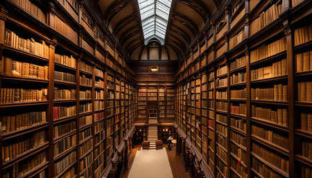A long perspective view of a majestic library with towering bookshelves, bathed in a soft, warm...