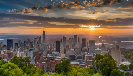 A panoramic view of the New York City skyline at sunrise, with the sun casting a warm glow over the...