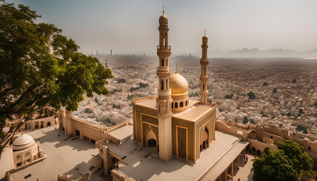 A majestic mosque sits atop a hill, overlooking a sprawling city. Its golden dome and minarets shine brightly against the blue sky, reflecting the rich culture and history of the region.の写真素材