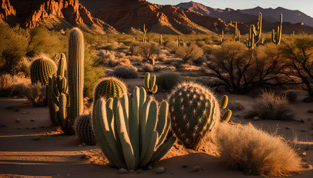 A vibrant desert landscape bathed in the golden light of the setting sun. The scene features a variety of cacti, including prickly pear, towering saguaro, and smaller barrel cactus. The sun casts long shadows, adding depth and dimension to the scene.の写真素材