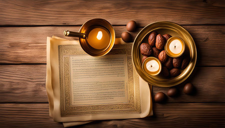 A still life image with candles, nuts and ancient text on a wooden background creating an atmosphere of spiritual reflection and reverenceの写真素材