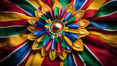 Close-up photo of a colorful flower decoration made with fabric ribbons and gold accents. The flower is set against a backdrop of striped fabric, creating a vibrant and textured composition.の写真素材