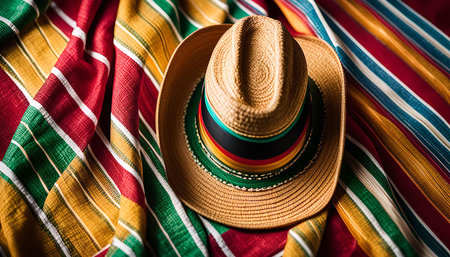 Close-up of a straw hat laying on top of colorful striped fabric, highlighting the hat's natural...