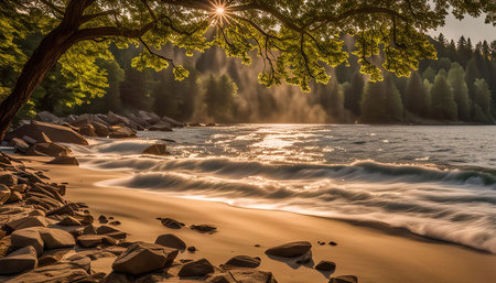 A serene beach scene with golden light filtering through trees and soft waves washing ashore. The calm atmosphere creates a peaceful and tranquil ambiance.の写真素材