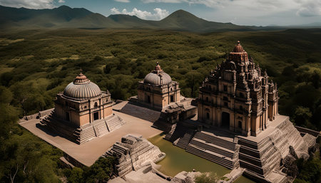 An aerial view of three temples in Mexico. These historical buildings are a popular tourist destination, showcasing the rich history and architecture of the region.の写真素材