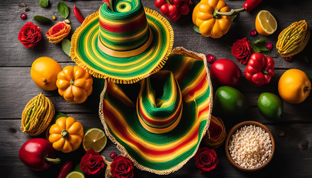 A colorful still life featuring Mexican sombreros, vibrant fruits, and a rustic wooden table,...