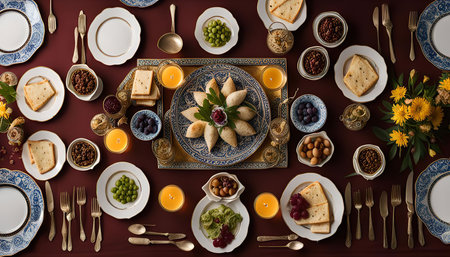 A lavish tablescape with a stunning display of food, elegant tableware, and delicate decorations. The warm candlelight creates an inviting atmosphere, perfect for a special occasion or celebration.の写真素材