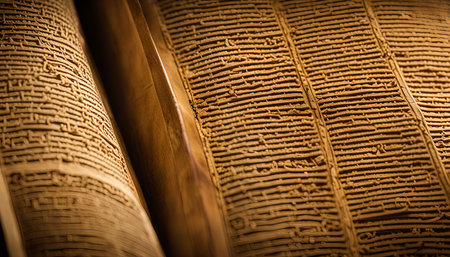 Close-up detail of an ancient scroll, revealing the intricate script and the passage of time etched...