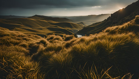 A breathtaking sunset illuminates grassy hills, casting a warm glow over the landscape. The golden light creates a sense of serenity and peace, inviting you to embrace the beauty of nature.の写真素材