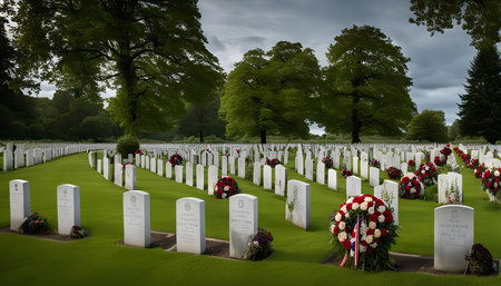 A vast field of white tombstones lined with flowers, a solemn reminder of the sacrifices made.