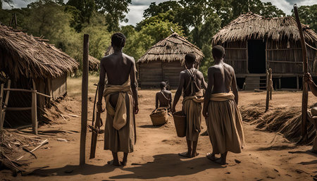 A group of African tribe members walk through a village with traditional huts. The image portrays a sense of community and tradition.の写真素材