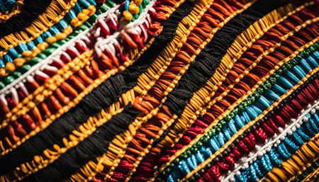 A close-up of a colorful textile with beads. The fabric is woven with intricate patterns and...