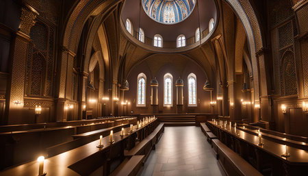 An interior view of a historic church, showing its intricate architecture, stained glass windows, and wooden pews. The warm glow of candlelight creates a serene atmosphere within the sacred space.の写真素材