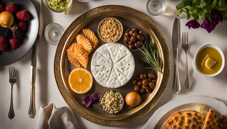 An overhead view of a beautifully arranged traditional Middle Eastern table setting, featuring a golden tray filled with a variety of delicious foods, including fruit, dates, cheese, and bread. The table is set with silverware and other decorative elements, creating a visually appealing and inviting atmosphere.の写真素材