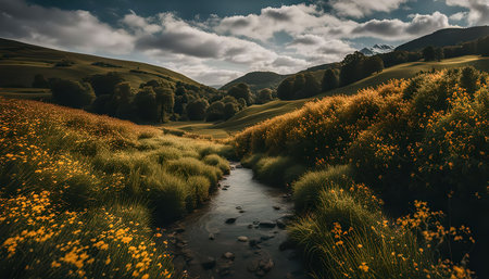 A stream meanders through a vibrant green valley dotted with wildflowers. The hills gently rise in...