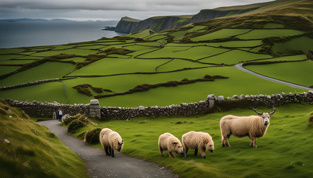 A breathtaking view of the Irish countryside with sheep grazing on a lush green field, a winding road leading towards a distant coastline, and a dramatic backdrop of hills and cliffs.の写真素材