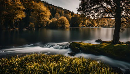 A tranquil scene of a river flowing through a lush forest, with trees lining the banks and a serene atmosphere.の写真素材