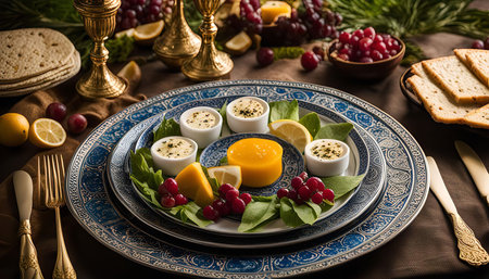 A close-up of a beautifully set table with blue and gold plates, a centerpiece of small dishes with creamy sauces, and a few lemons and berries.の写真素材