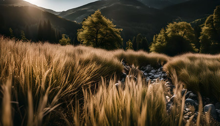 A vibrant sunrise illuminates tall blades of grass in a mountain meadow, with the rising sun casting a golden glow on the surrounding hills.の写真素材