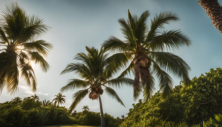 A picturesque view of palm trees reaching up towards a clear blue sky, bathed in warm sunlight. The scene evokes a feeling of serenity and tropical paradise.の写真素材