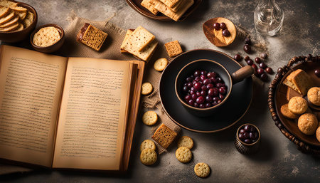 A still life photograph showcasing a book, cherries, and crackers on a rustic background.の写真素材