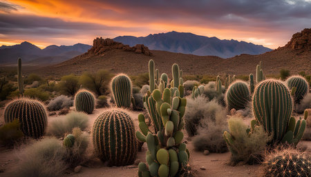 A vibrant sunset over a desert landscape with cacti in the foreground and mountains in the distance.の写真素材