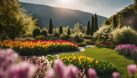 A serene springtime garden landscape with a vibrant display of blooming tulips in shades of yellow, pink, red and orange, set against a backdrop of lush green foliage, trees, and a majestic mountain range.の写真素材
