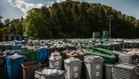 A vast expansion of trash and recycling bins, a stark reminder of our consumerism and its impact on...