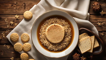 A plate of round crackers and noodles on a wooden surface, arranged in a unique and tempting manner.の写真素材