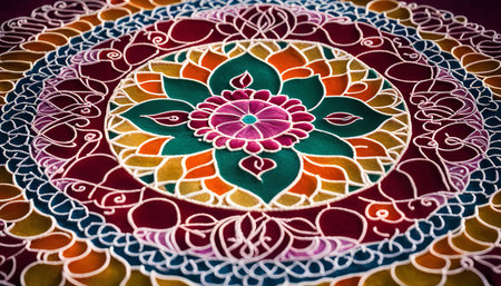 A close-up view of a colorful and intricately designed mandala design, featuring circular patterns,...
