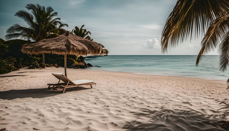 A serene beach scene with white sand, turquoise water, palm trees, and a lounger under a thatched umbrella. The scene is bathed in warm sunlight, creating a sense of relaxation and tranquility.の写真素材