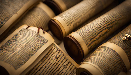 A collection of antique scrolls with intricate calligraphy and detailed illustrations, symbolizing the preservation of knowledge and historical wisdom.の写真素材