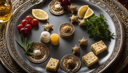 A top view of an elegant and beautifully arranged food on a round golden plateの写真素材