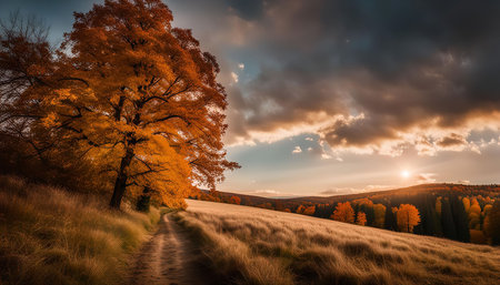 A winding path leads through a golden field towards a forest in a vibrant autumn landscape. The golden leaves of a majestic tree stand out against a backdrop of warm hues and dramatic clouds.の写真素材