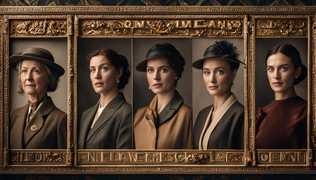 Five women in elegant poses, dressed in stylish clothing, are portrayed in a golden frame. The retro look of the photo suggests a historical settingの写真素材